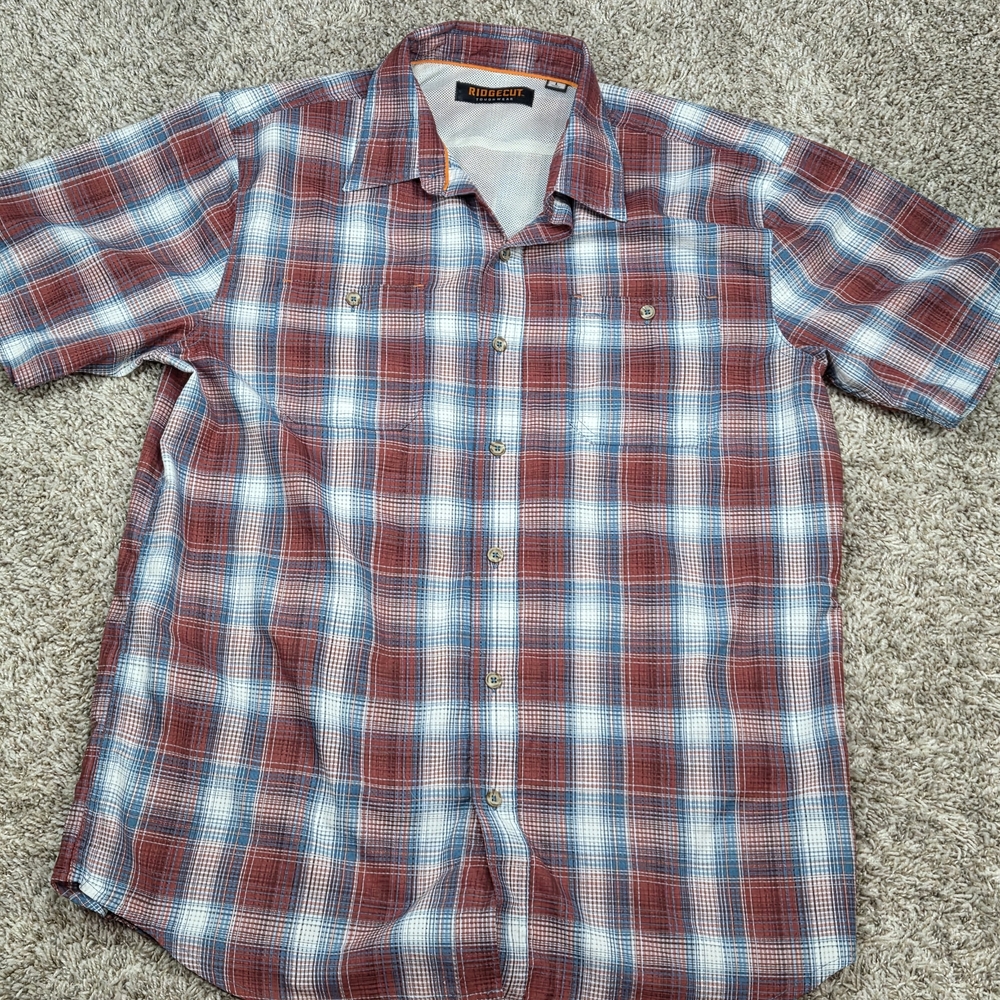 Ridgecut Men L Plaid‎ Performance Shirt Short Sleeve Vented Outdoor Hiking Blue
